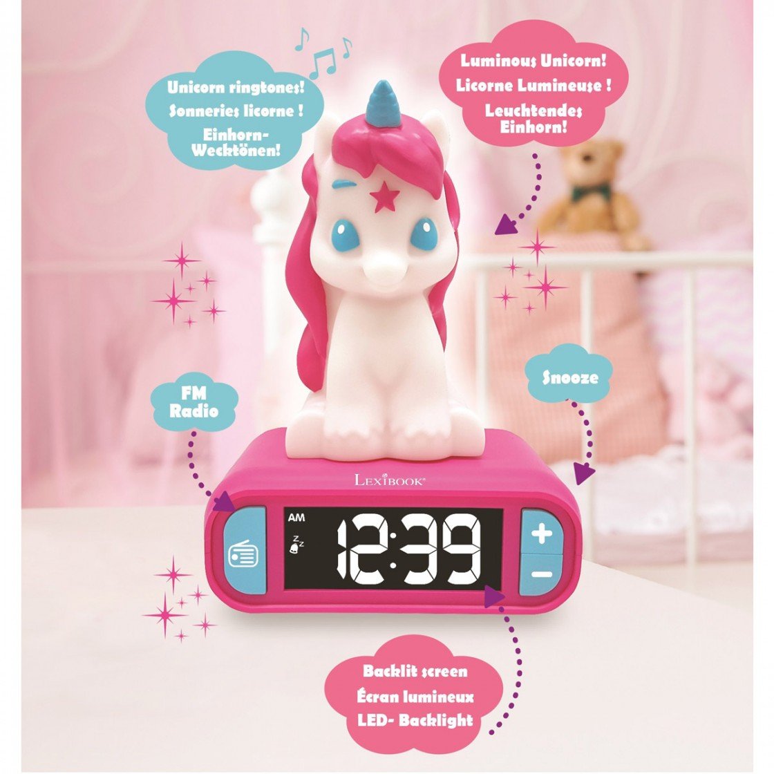 Luz Nocturna Radio y Reloj Unicornio