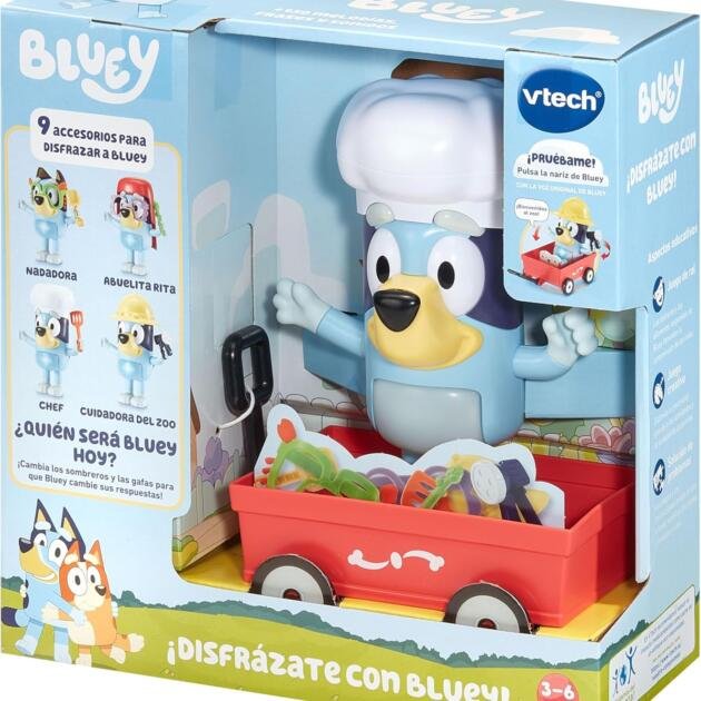 Bluey Disfrázate – Muñeco interactivo con 9 accesorios y carrito