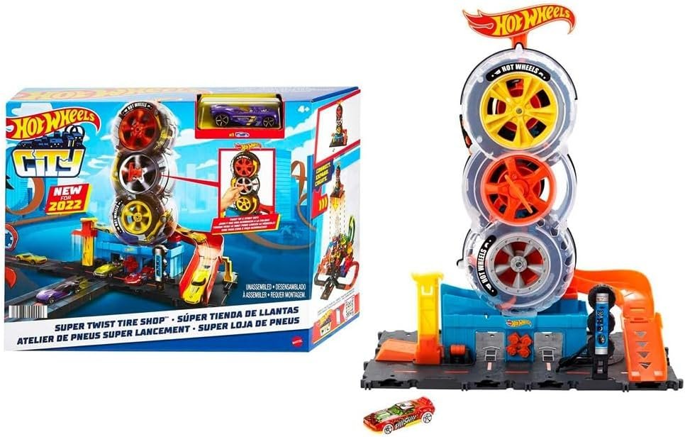 Hot Wheels City Super Twist Tire Shop | Taller de Ruedas Giratorias con Coche Incluido
