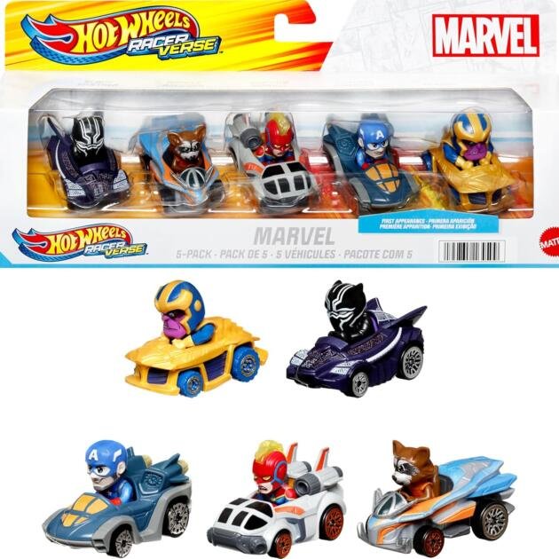 Hot Wheels RacerVerse Marvel Pack de 5 Vehículos | Mini Autos de Superhéroes