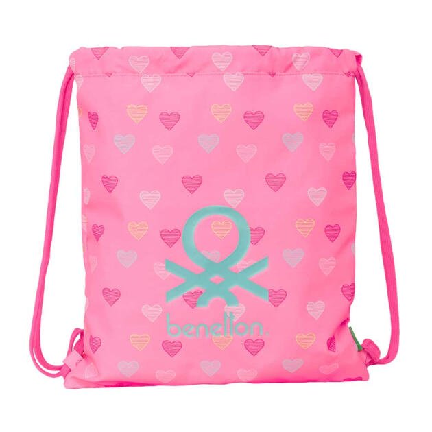 SACO PLANO BENETTON "HEART" | Mochila Cuerdas Rosa con Corazones