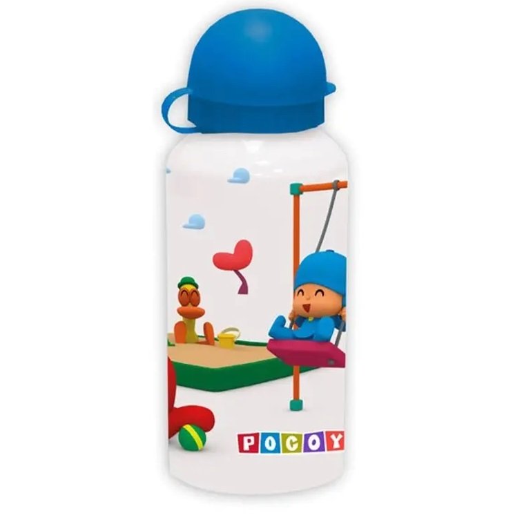 Botella de Pocoyó de aluminio de 400 ml con diseño blanco con tapón