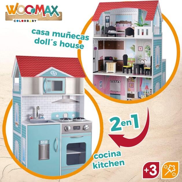 Cocinita de madera y casa de muñecas 2 en 1