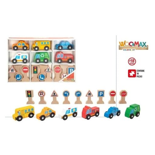 Set de 6 vehículos con 9 señales de madera