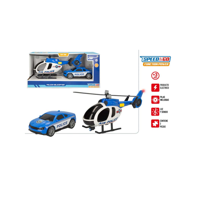 SET HELICOPTERO Y VEHICULO POLICIA CON LUZ Y SONIDO