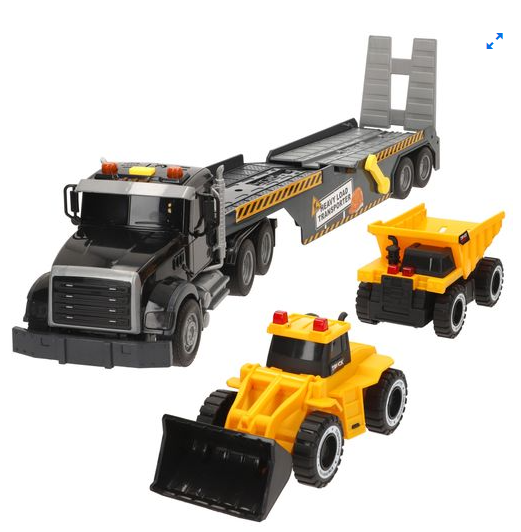 Camión Transportador 1:14 con Luces, Sonidos y Vehículos de Construcción