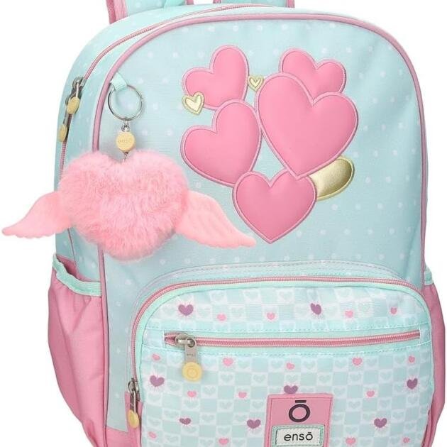Mochila Escolar Enso Sweet Hearts 38 cm | 13,6 L | Corazones Bordados y Llavero de Peluche
