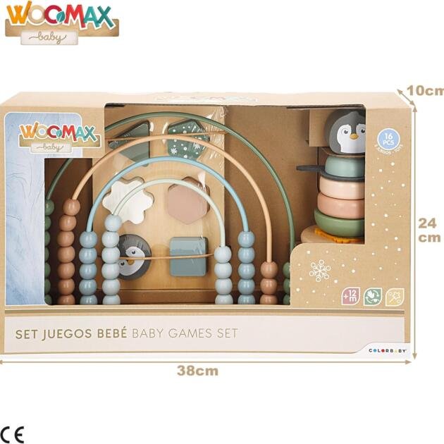 Set de Juegos de Madera para Bebé 3 en 1 | Ábaco, Apilable Pingüino y Encajable Montessori +12 Meses