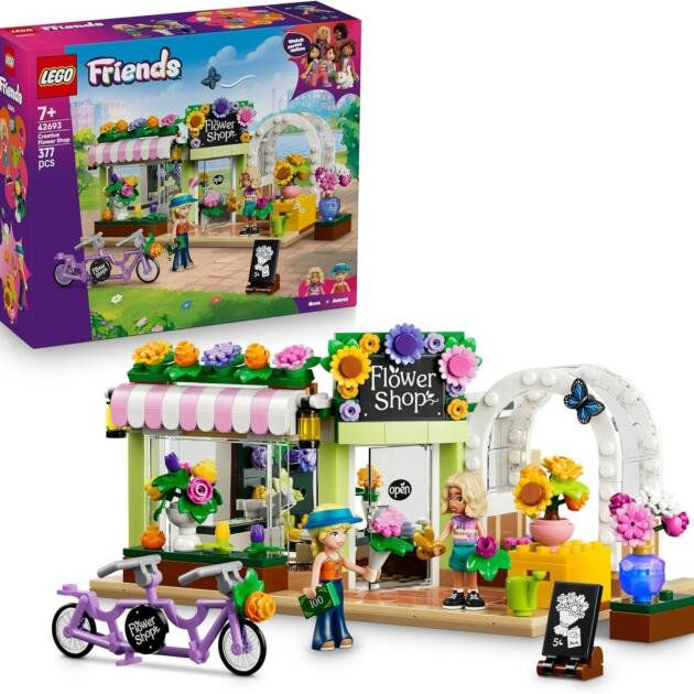 LEGO Friends 42693 Floristería y Tienda de Flores | Bicicleta, 2 Mini Muñecas y Ramos Personalizables | 99 Piezas