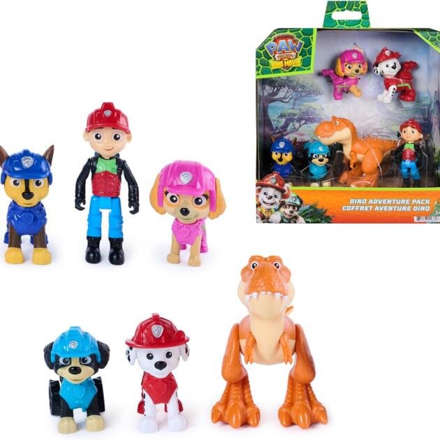Patrulla Canina Dino Adventure Pack | Set de Figuras con Chase, Marshall, Skye, Rex, Ryder y Dinosaurio T-Rex