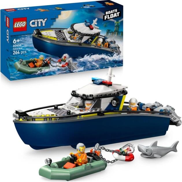 LEGO City 60456 Lancha de Policía | Barco Flotante con Lancha Neumática y Tiburón | 264 Piezas