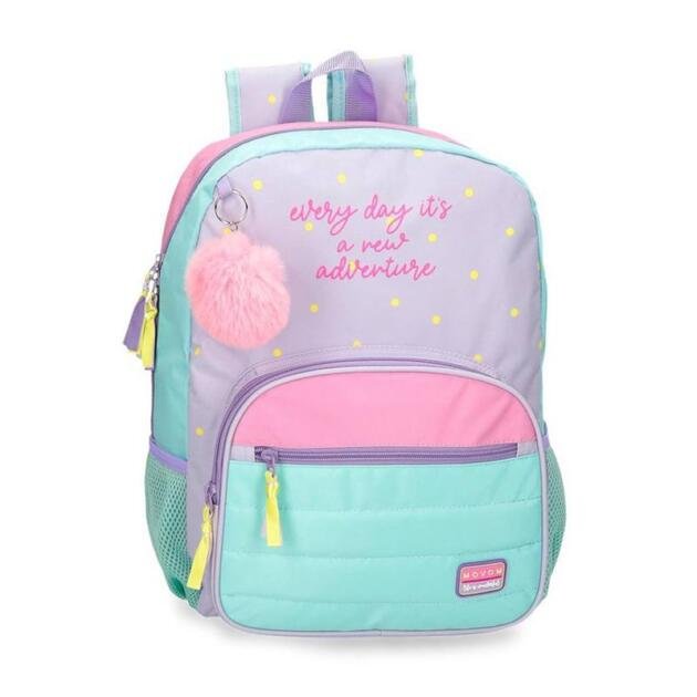 Mochila Escolar Movom Every Day Adaptable a Carro 44 cm | Doble Compartimento y Llavero Pompon