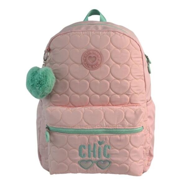 Mochila Infantil Chic Rosa | Mochila Guardería con Corazones y Llavero de Pelo