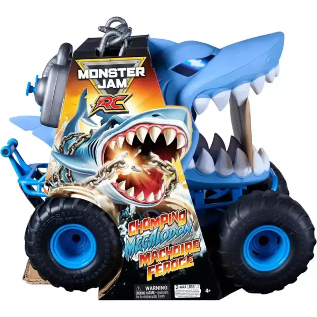 Monster Jam RC Chomping Megalodon | Monster Truck Tiburón Radiocontrol con Mordida, Luces y Mando