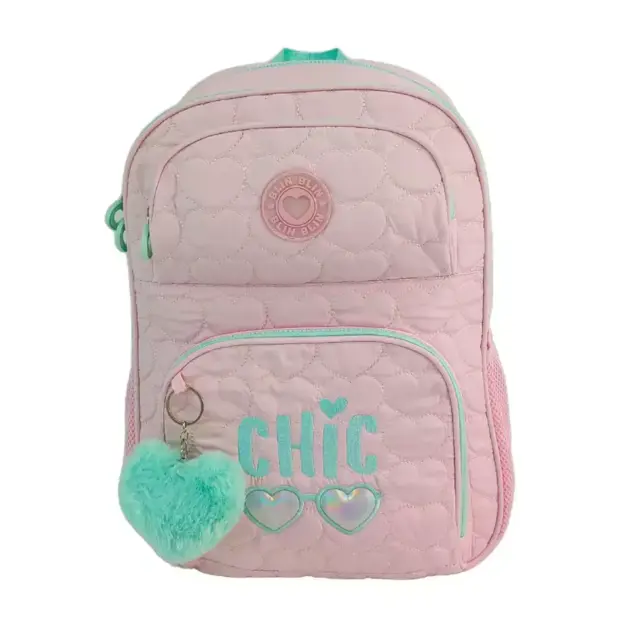 Mochila Escolar Chic Rosa | Mochila Infantil con Corazones y Llavero de Pelo