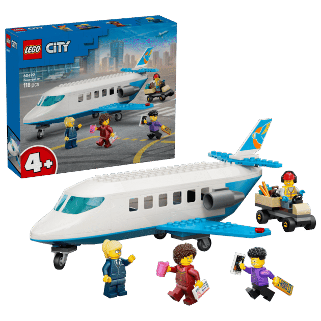 LEGO City 60492 Avión de Pasajeros | Aeropuerto con 4 Minifiguras y Vehículo de Servicio | 118 Piezas