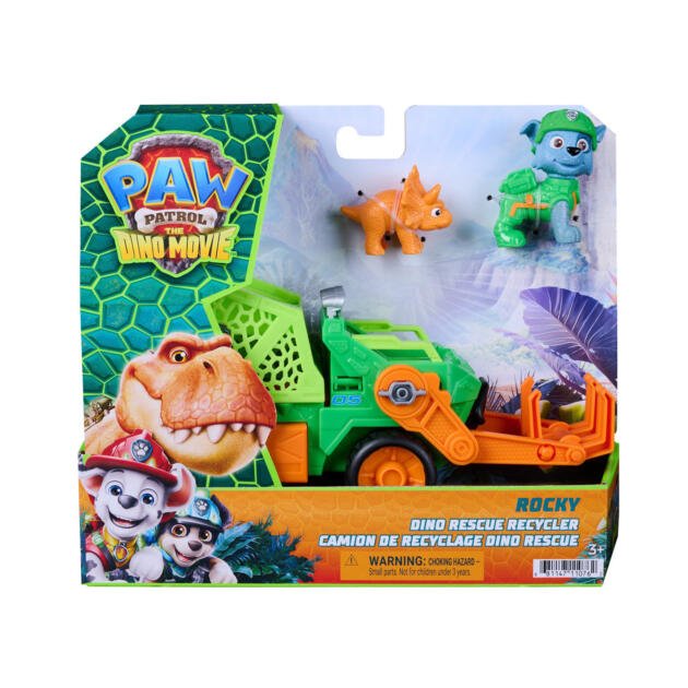 Patrulla Canina Dino Movie Vehículo Dino Rescue Recycler con Rocky | Camión de Reciclaje con Figura y Dinosaurio Triceratops