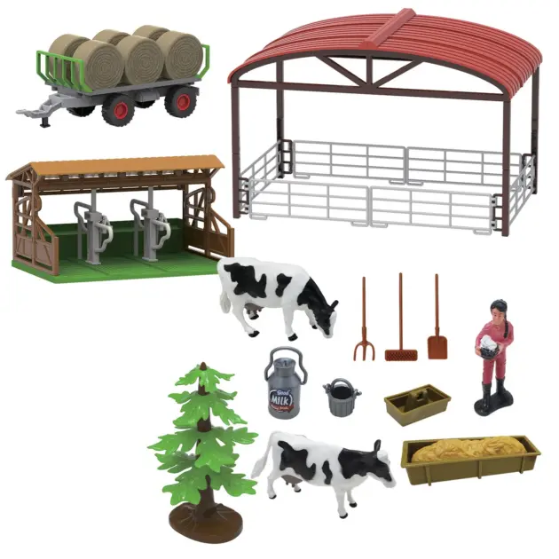 Set Granja con Establo, 2 Vacas, Remolque, Granjera y Accesorios
