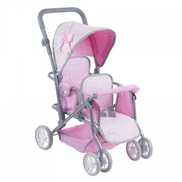 Cochecito Gemelar de Muñecas Fentoys Rosa Acolchado con Capota y Dos Asientos