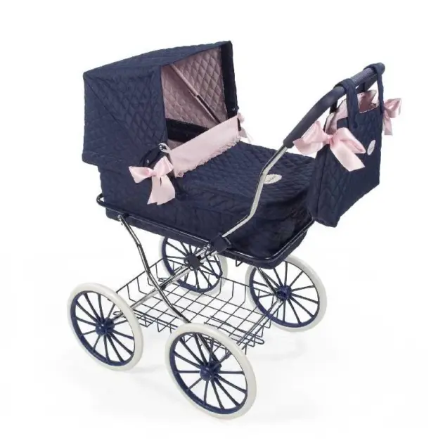 Cochecito de Muñecas Clásico La Nina 65046 Azul Marino Acolchado con Capota y Bolso