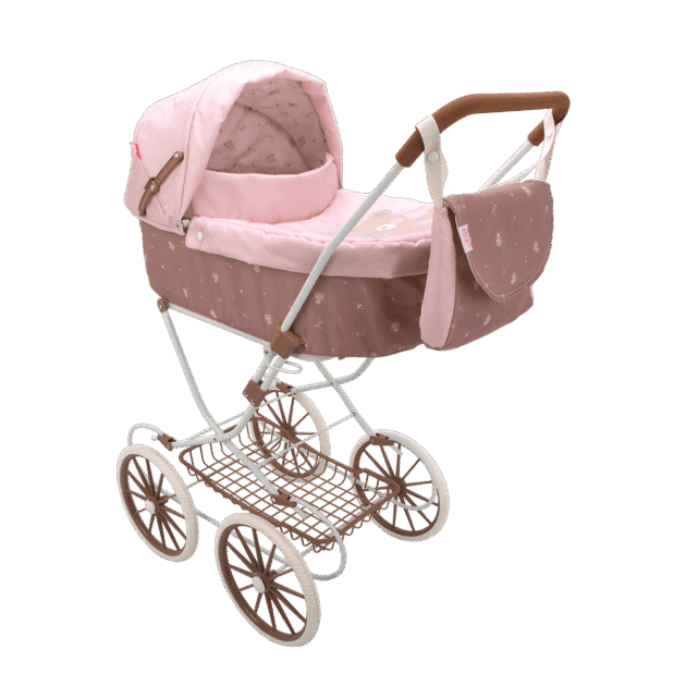 Carro de Muñecas Arias Bear 40860 Rosa y Marrón con Capazo, Bolso a Juego y Cesta Inferior