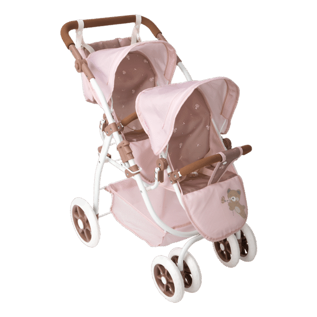 Carrito Gemelar de Muñecas Bear Arias 40864 Rosa con Ositos, Dos Asientos, Capotas y Cesta