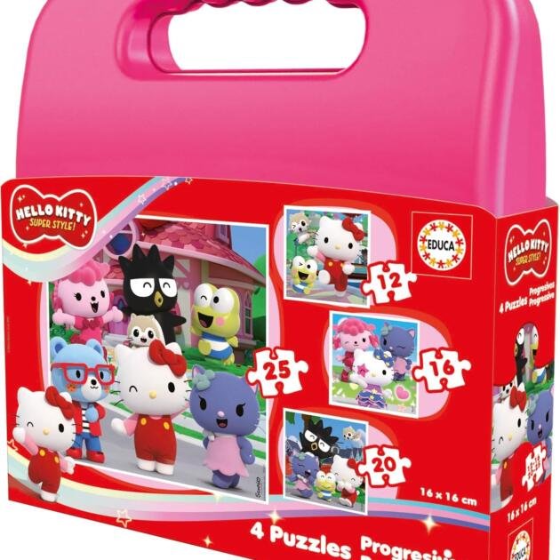 Hello Kitty Super Style Educa | Maletín 4 Puzzles Progresivos de 12, 16, 20 y 25 Piezas