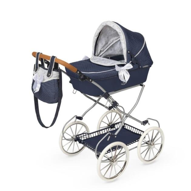 Carro de Muñecas Vintage Plegable DeCuevas Toys 80044 Azul Marino con Capazo, Bolso y Manillar Regulable
